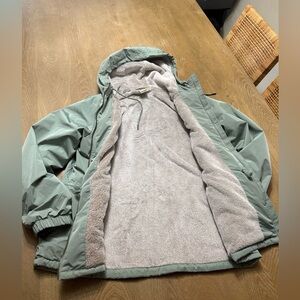Green, warm, hooded jacket